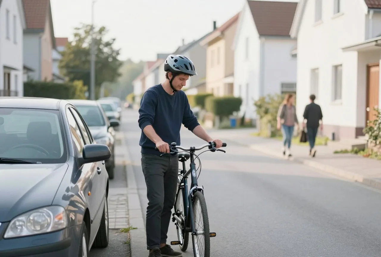 Mann in den Dreißigern schließt am Morgen in einer ruhigen Wohnstraße sein Fahrrad neben einem geparkten Auto auf