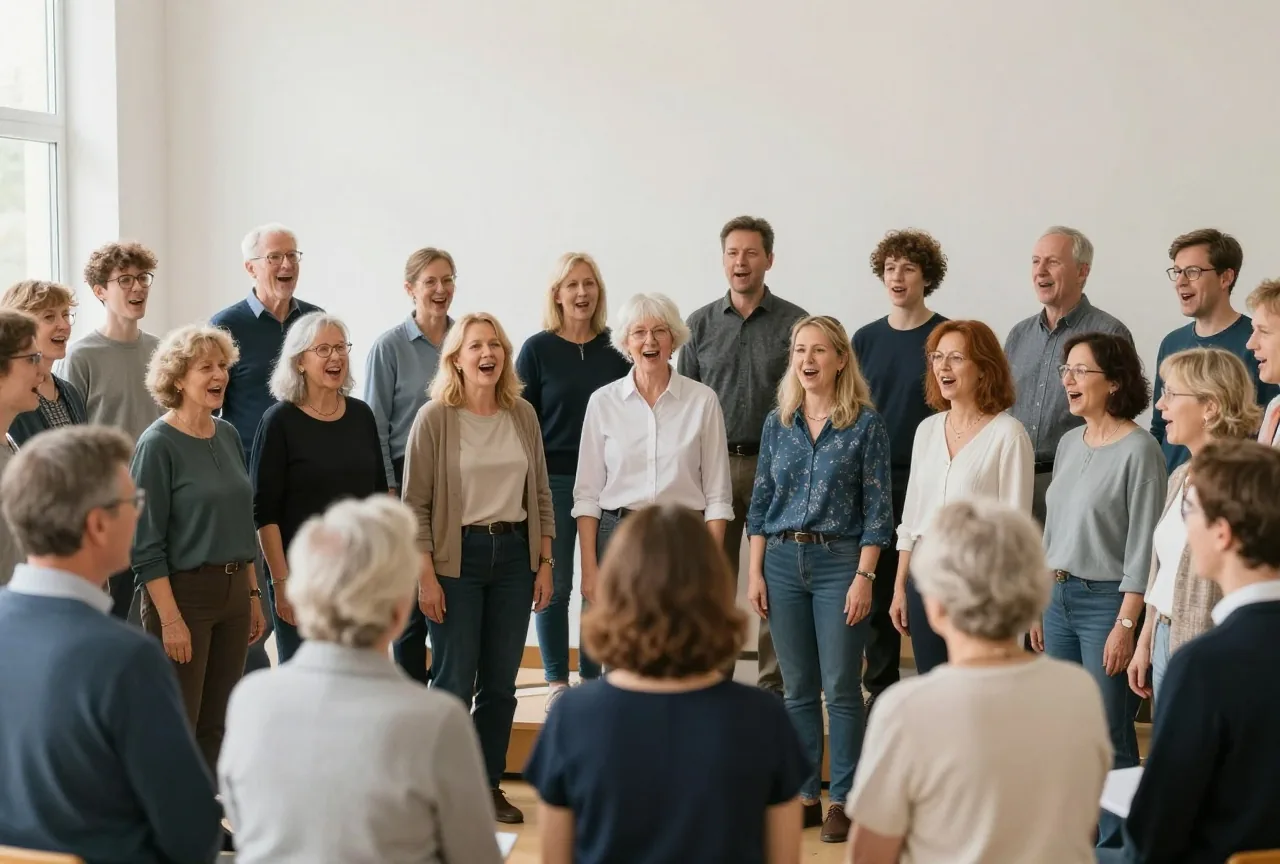 Erwachsene zwischen vierzig und siebzig singen in einem hellen Gemeindesaal gemeinsam im Halbkreis