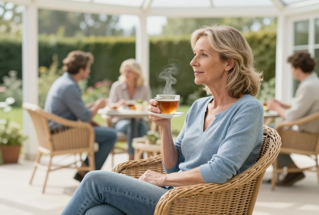 Frau in den Fünfzigern sitzt am Morgen mit einer Tasse Tee im Korbsessel und blickt in den Garten