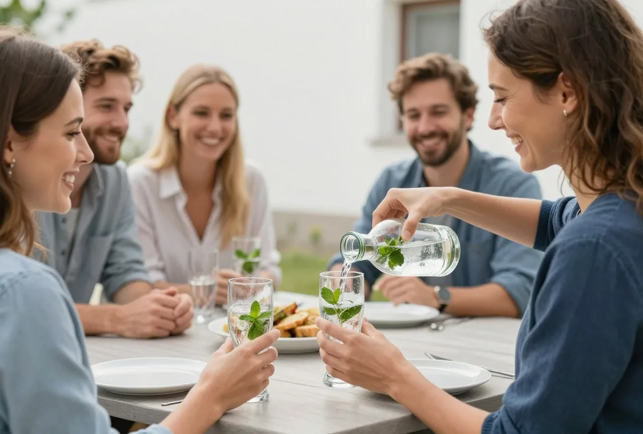 Frau in den Dreißigern schenkt auf einer Terrasse beim Grillen ihren Freunden Mineralwasser mit Minze ein