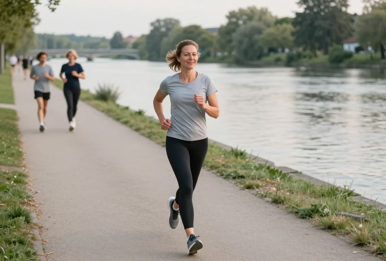 Frau in den Vierzigern läuft am frühen Abend in Sportkleidung einen Weg am Fluss entlang