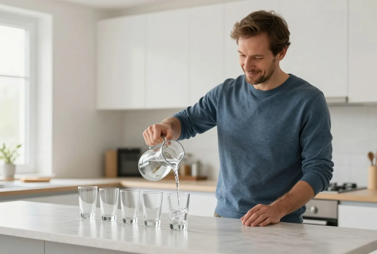 Mann in den Vierzigern gießt in einer hellen Küche Wasser in verschieden große Gläser auf der Arbeitsplatte