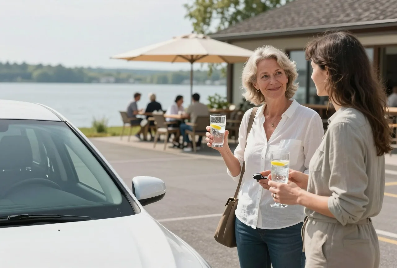 Frau in den Fünfzigern hält vor ihrem Auto den Autoschlüssel und ein Glas Mineralwasser mit Zitrone