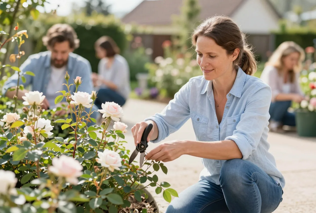 Frau in den Vierzigern schneidet an einem sonnigen Nachmittag entspannt Rosen in ihrem Garten