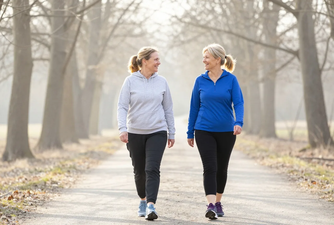 Zwei Frauen in den Fünfzigern gehen am Morgen in Sportkleidung zügig einen Waldweg entlang und unterhalten sich