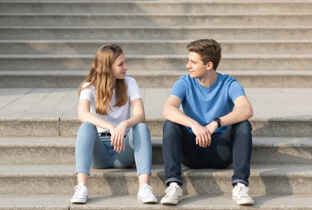Zwei junge Erwachsene Anfang zwanzig sitzen am Nachmittag von hinten gesehen auf einer Parktreppe und reden