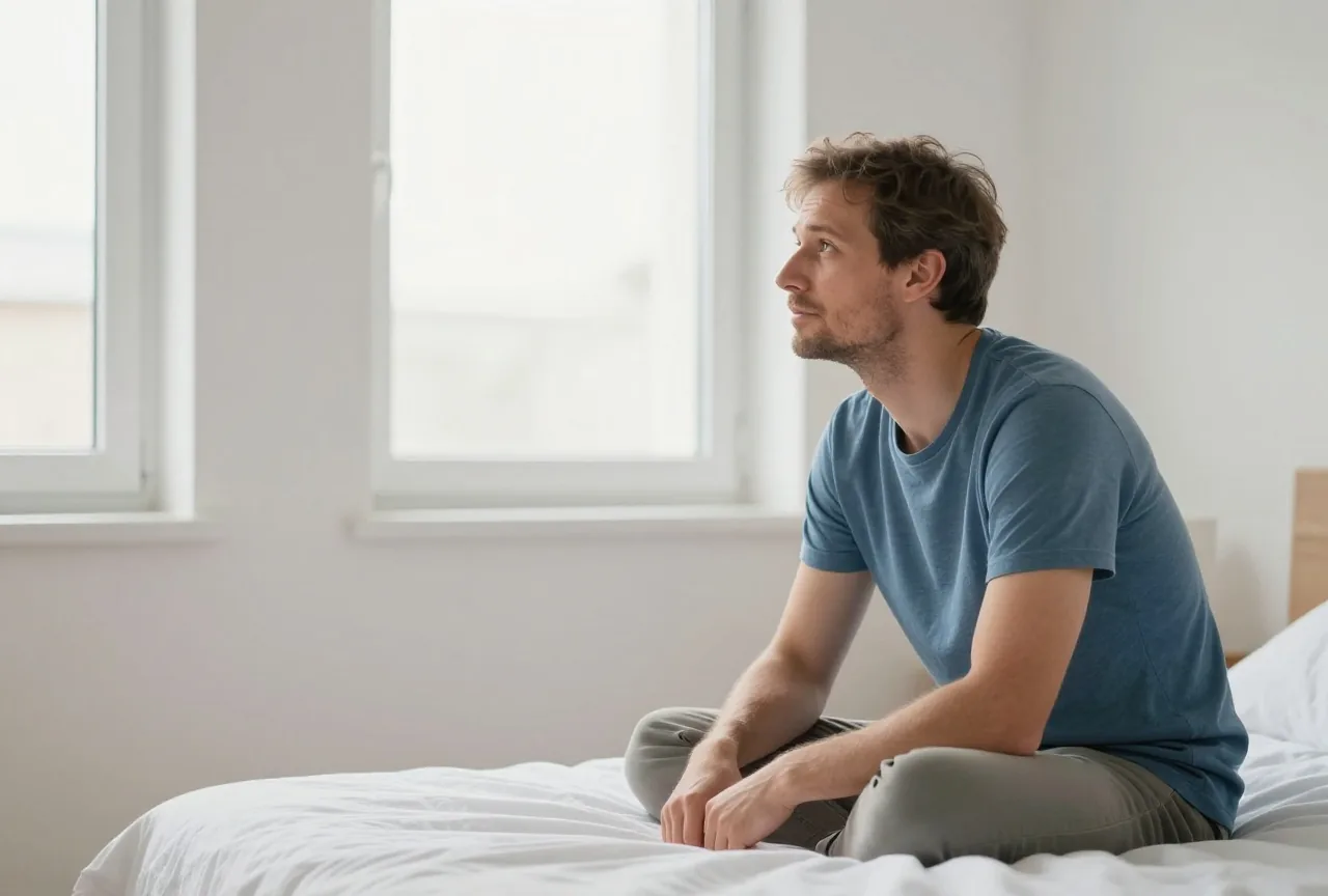 Mann in den Vierzigern sitzt am Morgen im T-Shirt auf der Bettkante und schaut müde zum Fenster