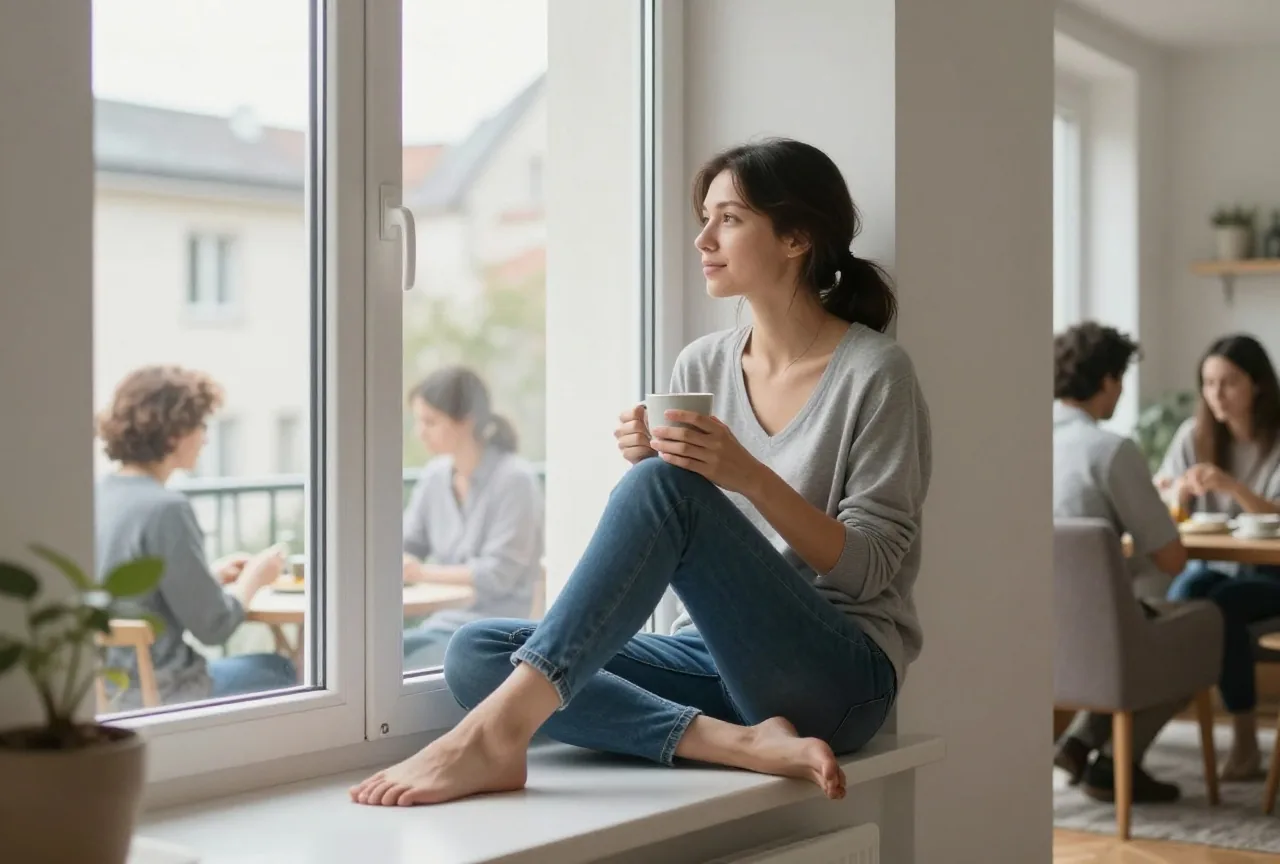 Frau Mitte dreißig sitzt an einem grauen Nachmittag mit einer Tasse am Fenster und schaut nachdenklich hinaus