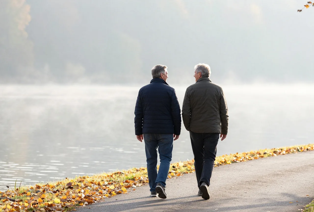 Zwei Freunde in den Fünfzigern gehen an einem Herbstmorgen langsam am See entlang und unterhalten sich