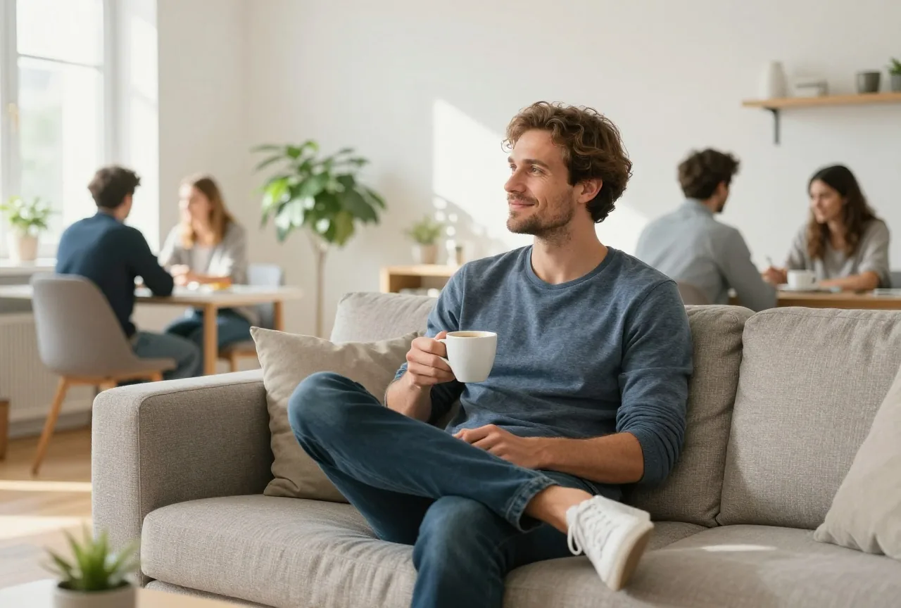 Mann Ende dreißig genießt am Sonntagmorgen allein mit einer Tasse Kaffee die Ruhe auf dem Sofa
