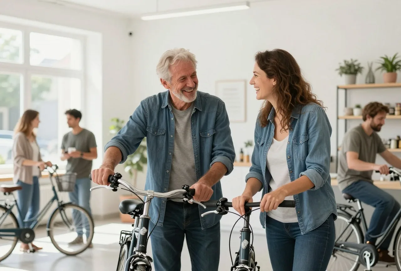 Ein Mann in den Sechzigern und eine Frau in den Dreißigern reparieren in einem Reparaturcafé gemeinsam ein Fahrrad