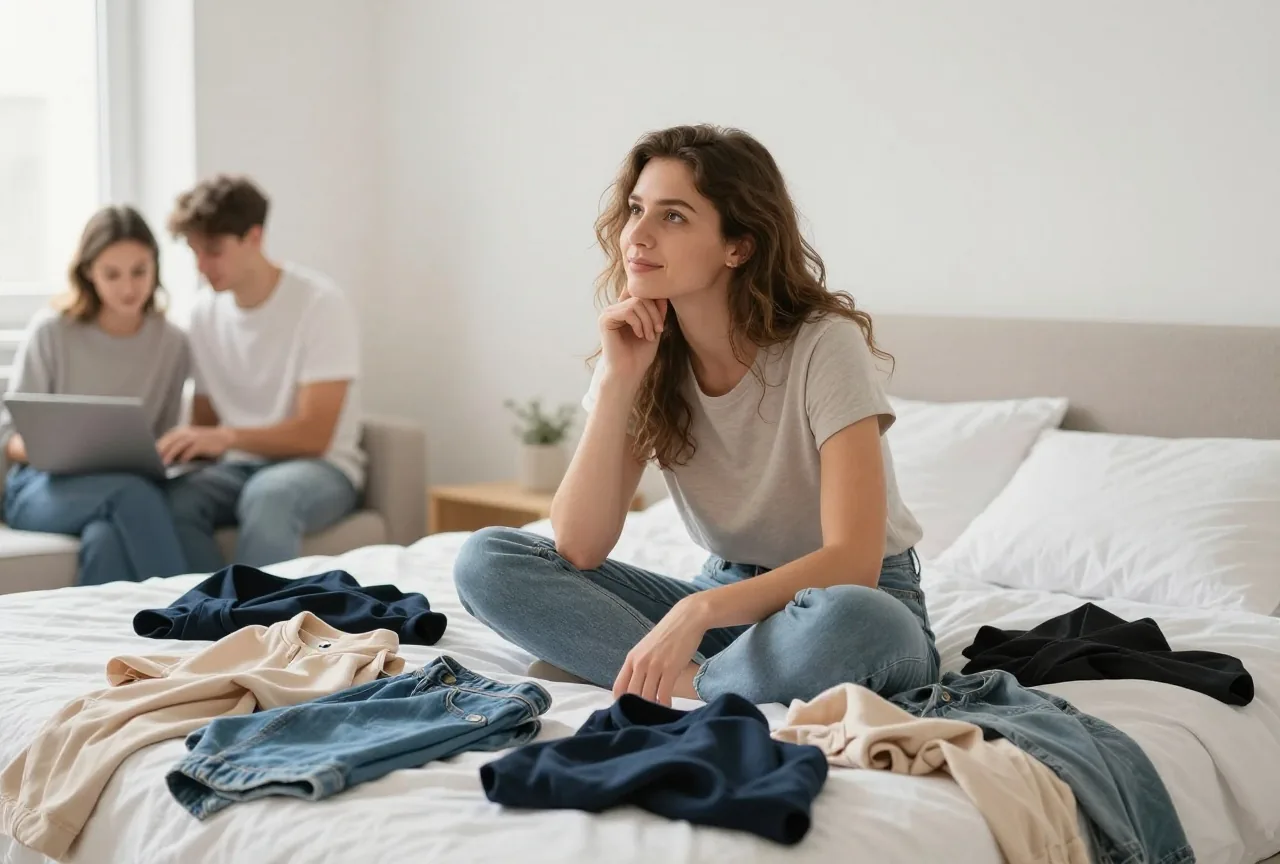 Frau Ende zwanzig sitzt auf dem Bett zwischen vielen neuen Kleidungsstücken und betrachtet sie nachdenklich