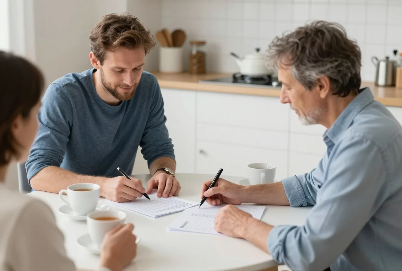 Mann in den Vierzigern plant mit einer Beraterin bei Tee mit Stift und Papier sein Monatsbudget