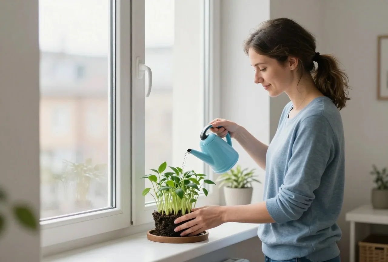Frau in den Dreißigern gießt am Morgen eine Pflanze mit frischen Trieben auf der Fensterbank