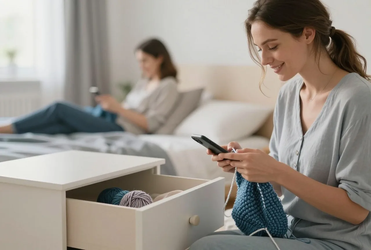 Frau in den Dreißigern legt ihr Handy umgedreht in die Schublade des Nachttischs und nimmt ihr Strickzeug