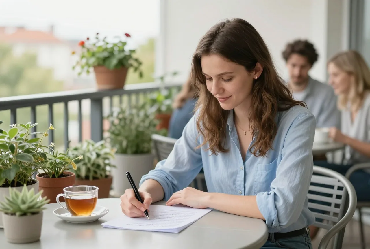 Junge Frau sitzt auf einem Balkon mit Pflanzen und schreibt bei einer Tasse Tee Fragen auf