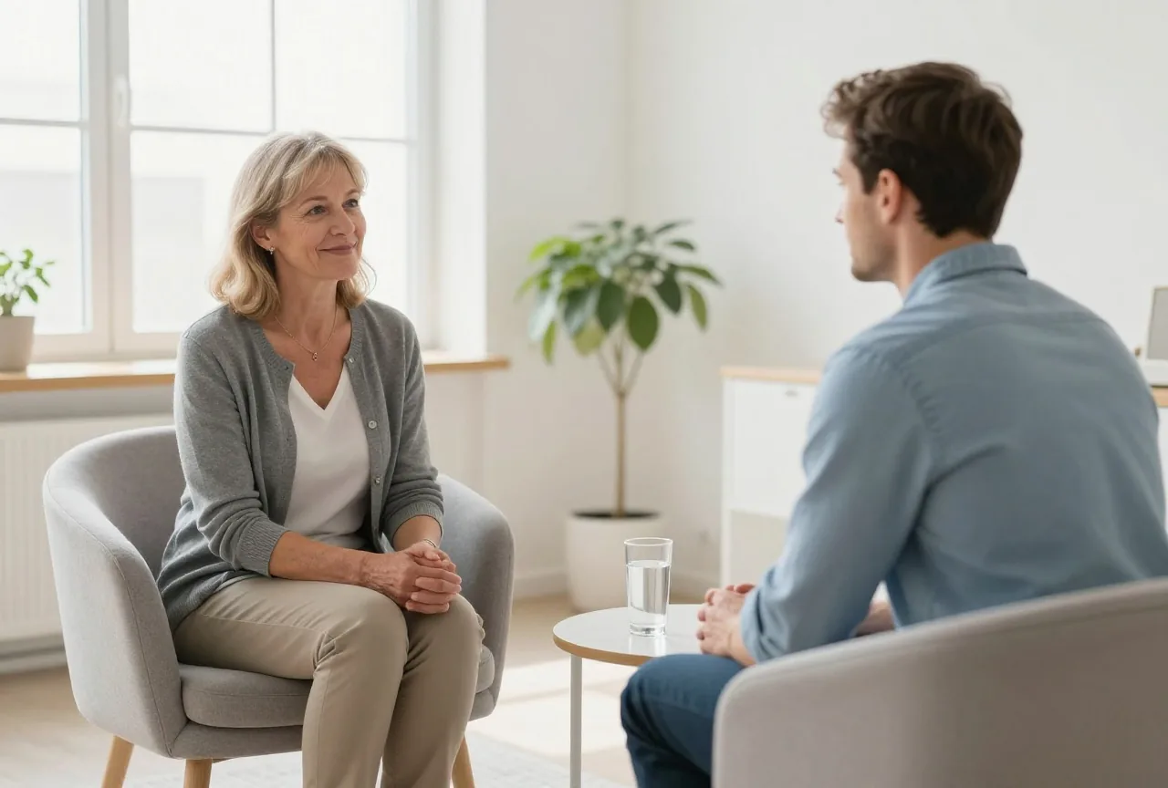 Psychotherapeutin in den Sechzigern und Mann in den Dreißigern sitzen sich in einem hellen Raum gegenüber