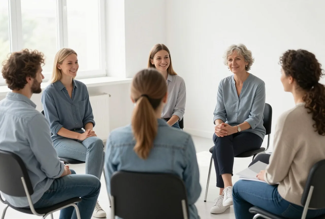 Fünf Erwachsene sitzen am Morgen in einem hellen Gruppenraum im Kreis, eine Therapeutin spricht