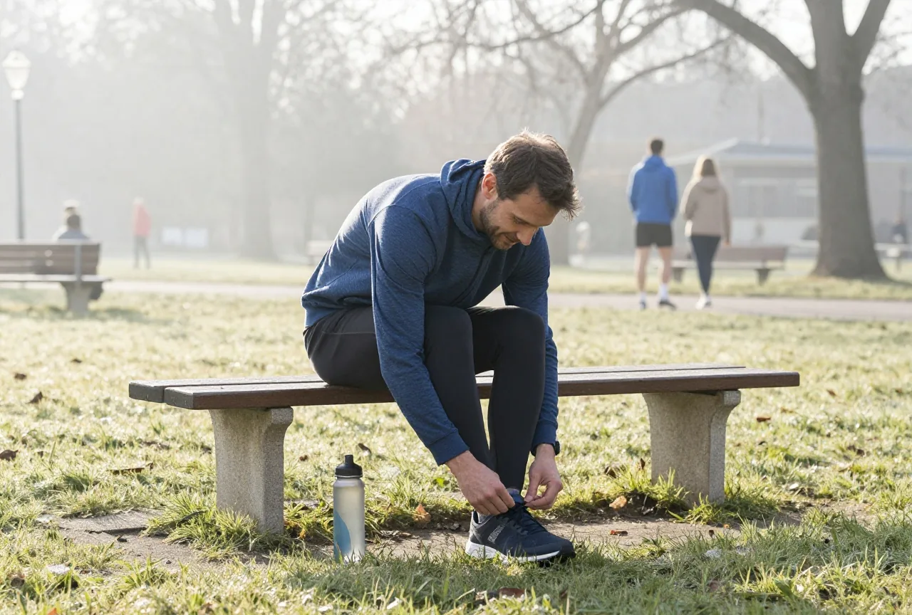 Mann in den Vierzigern bindet am Morgen auf einer Parkbank seine Laufschuhe, daneben steht eine Wasserflasche