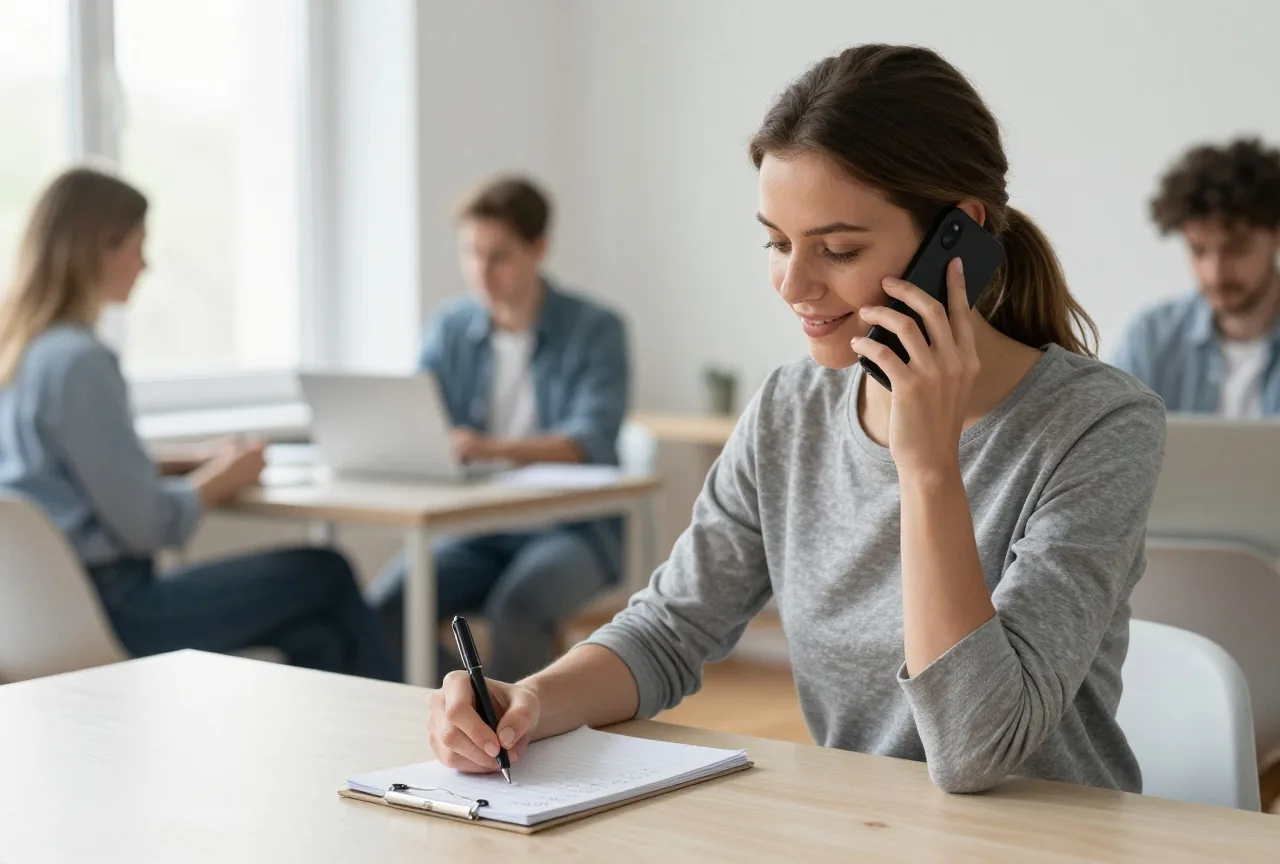 Frau in den Dreißigern telefoniert am Schreibtisch und hakt auf einem Notizblock eine Liste ab