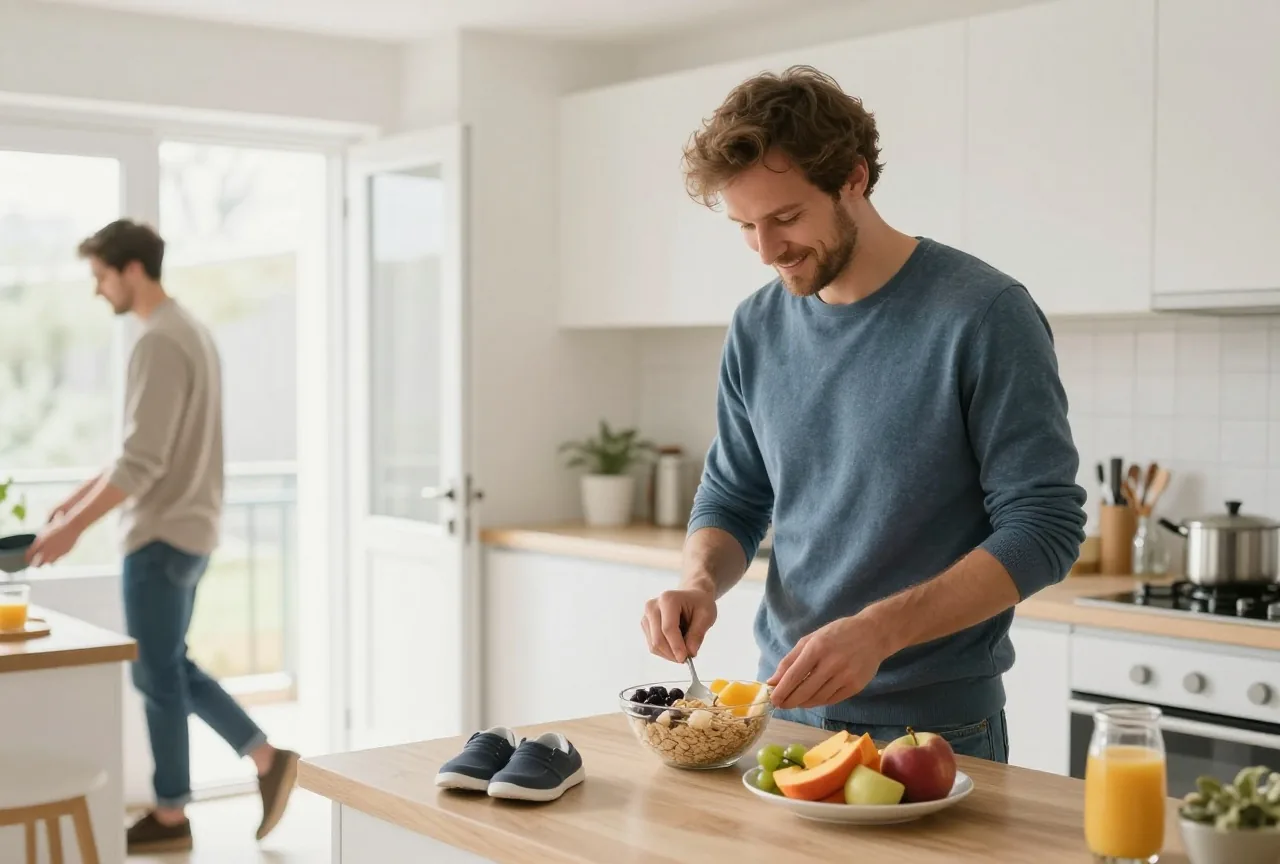 Mann in den Dreißigern bereitet am Morgen in einer hellen Küche ein Frühstück mit Obst und Haferflocken zu