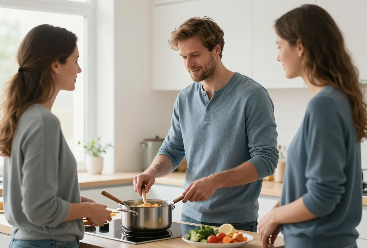 Mann in den Dreißigern und seine Partnerin kochen in einer hellen Küche gemeinsam und unterhalten sich