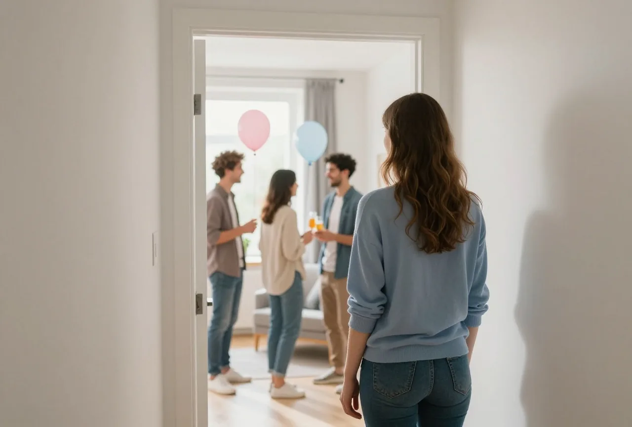 Junge Frau steht von hinten gesehen vor einer halb offenen Tür, hinter der Freunde mit Luftballons feiern