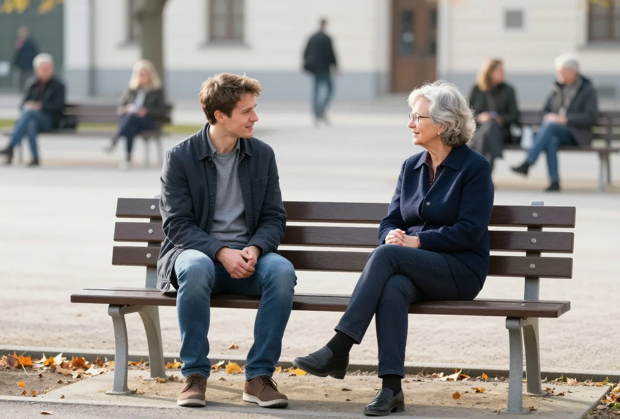 Ein Mann in den Dreißigern und eine Frau in den Fünfzigern sitzen im Park auf einer Bank und unterhalten sich