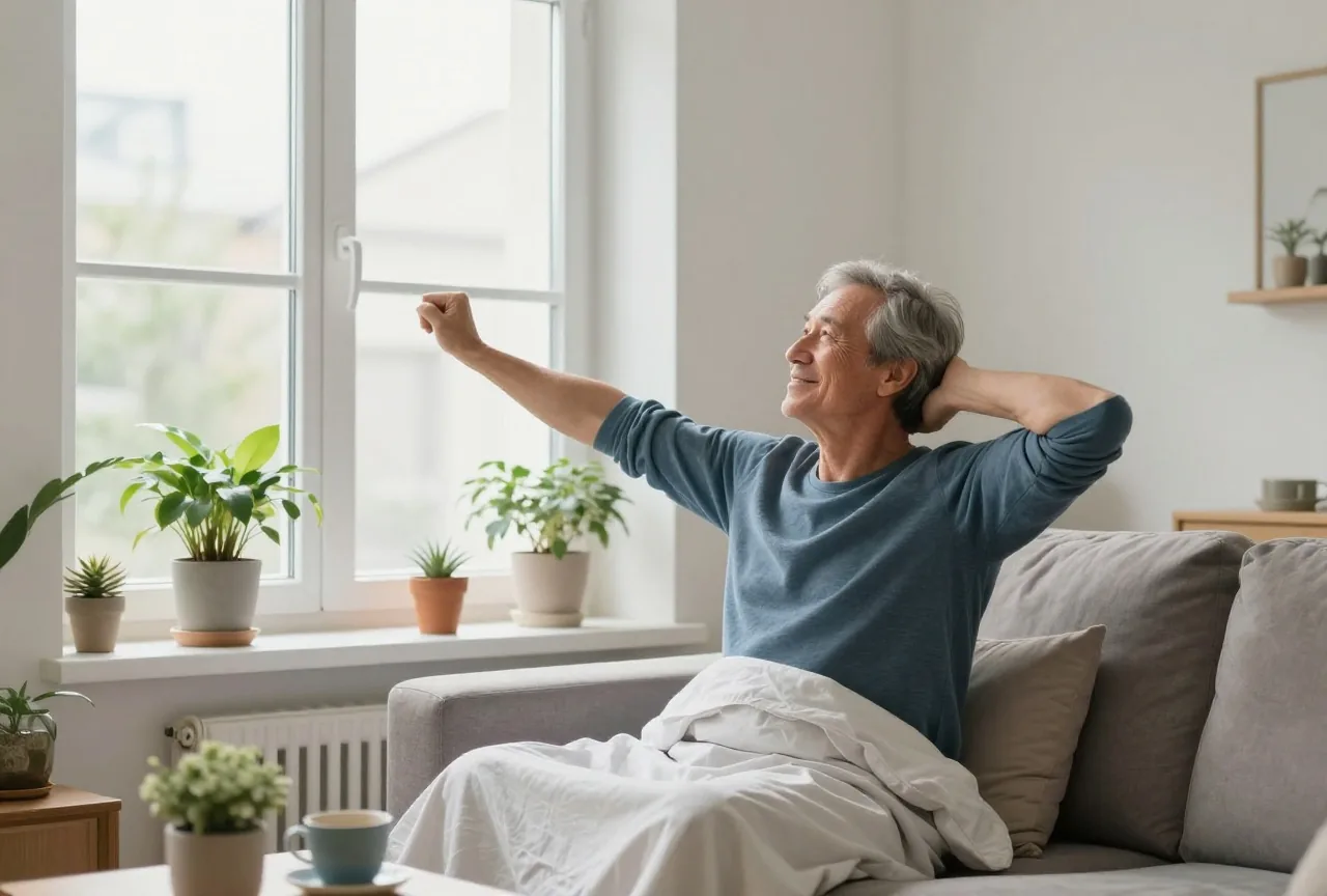 Mann in den Sechzigern sitzt am Morgen an einem sonnigen Fenster mit Pflanzen und streckt die Arme