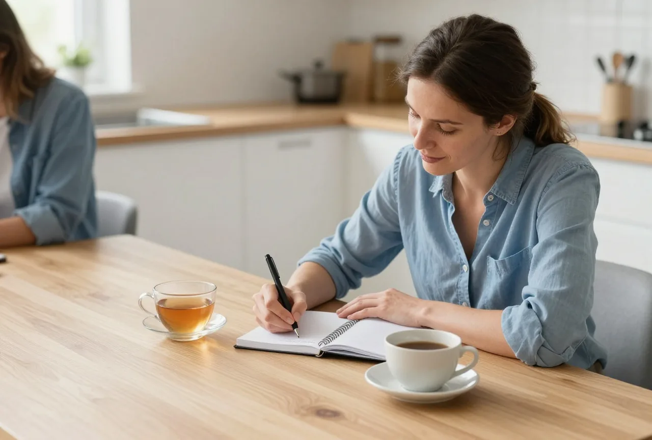 Frau in den Vierzigern macht sich am Küchentisch neben einer Tasse Tee Notizen in einem Heft